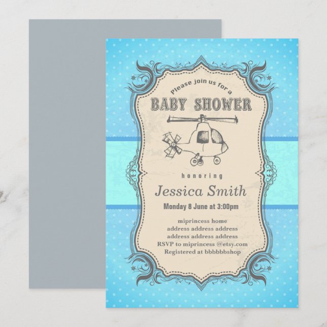 Invitation BABY SHOWER vintage - jouet Hélicoptère (Devant / Derrière)