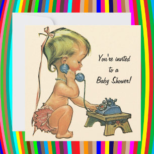 Invitation Baby shower vintage, mignonne fille au téléphone I