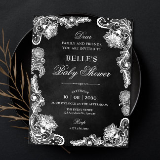 Invitation Baby shower vintage noir et blanc en dentelle