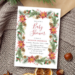 Invitation Baby Shower Vintage Poinsettia Aquarelle Noël