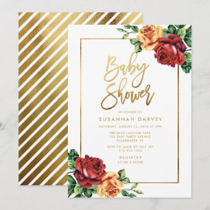 Invitation Baby shower vintage Rose rouge jaune or Script