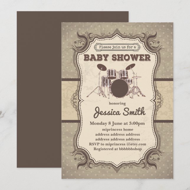 Invitation BABY SHOWER vintage - tambour (Devant / Derrière)