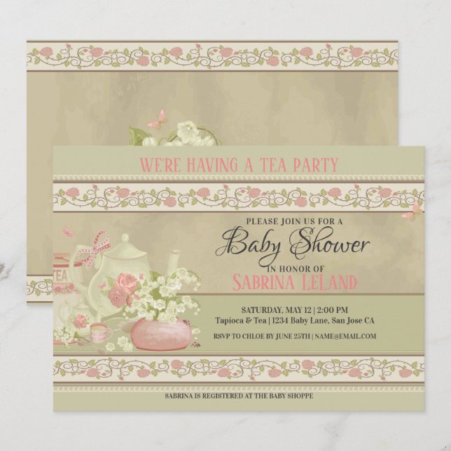 Invitation Baby shower vintage Tea Party (Devant / Derrière)