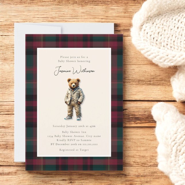 Invitation Baby shower vintage Teddy (vintage teddy bear baby shower invitation, modern simple elegant tartan plaid )