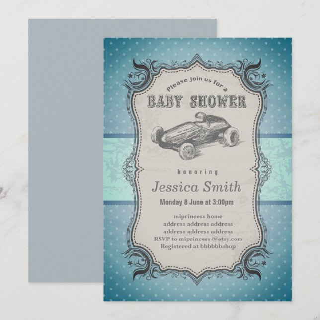 Invitation BABY SHOWER vintage - voiture de course (Devant / Derrière)