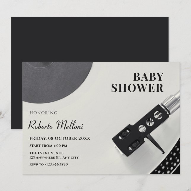 Invitation Baby shower vinyle de musique (Devant / Derrière)