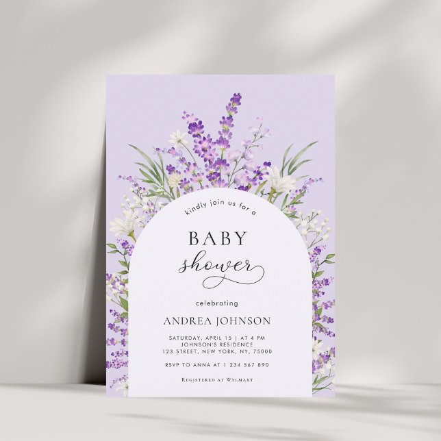 Invitation Baby shower violet à arche fleurie de ressort (Créateur téléchargé)