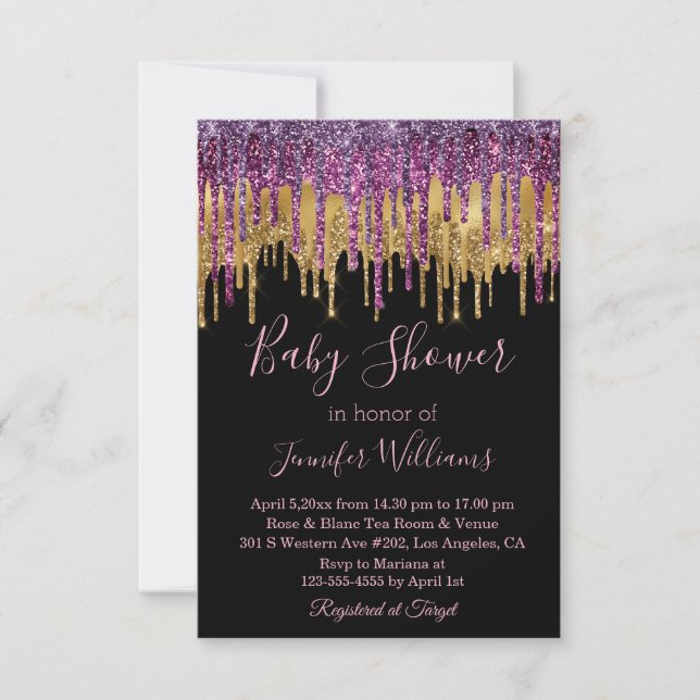 Invitation baby shower violet doré parties scintillant à gout (Devant)