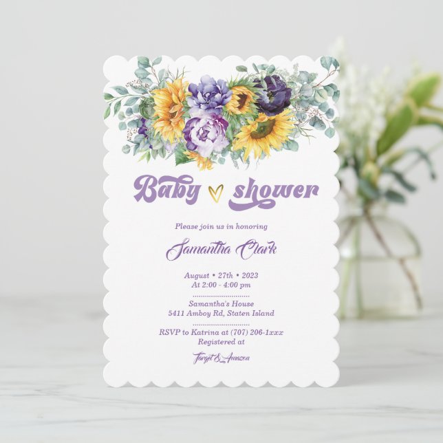 Invitation Baby shower violet et jaune (Debout devant)
