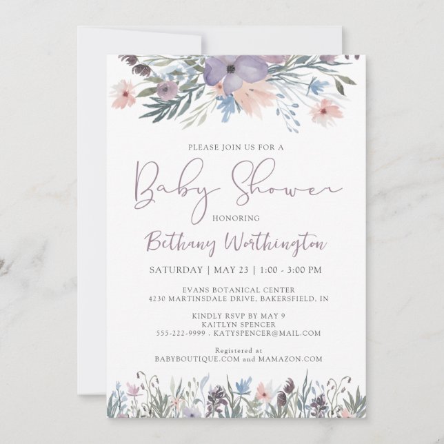 Invitation Baby shower violet Fleur sauvage (Devant)