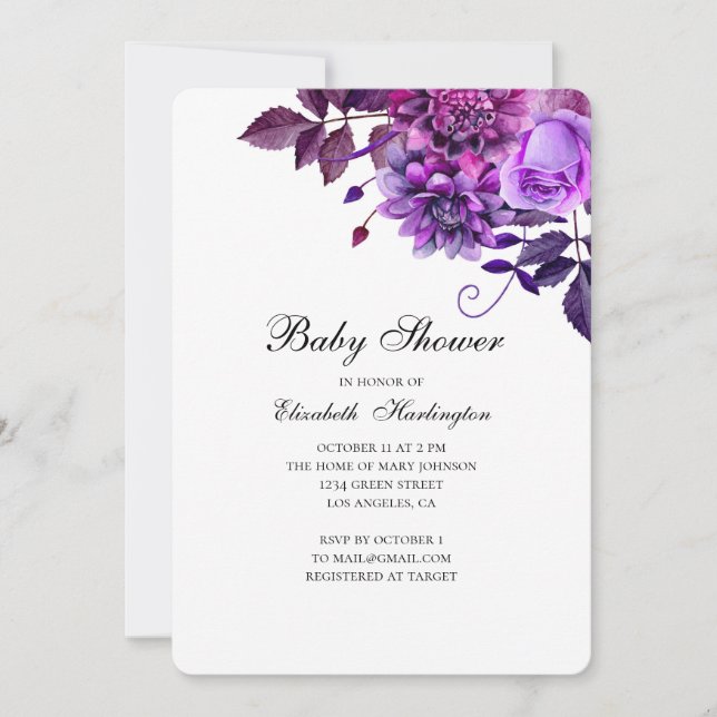 Invitation baby shower violet. Fleurs Lilac (Devant)