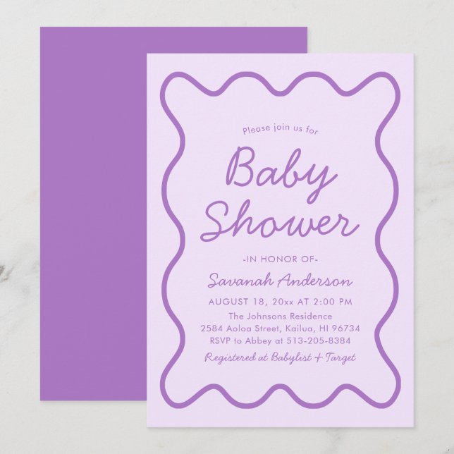 Invitation Baby Shower Violet Rétro Courbé Moderne Ondulé (Devant / Derrière)