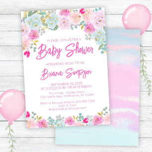 Invitation Baby shower violet rose bleu Peach