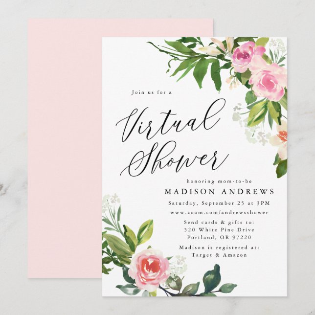 Invitation Baby shower virtuel à fleurs rose doux (Devant / Derrière)