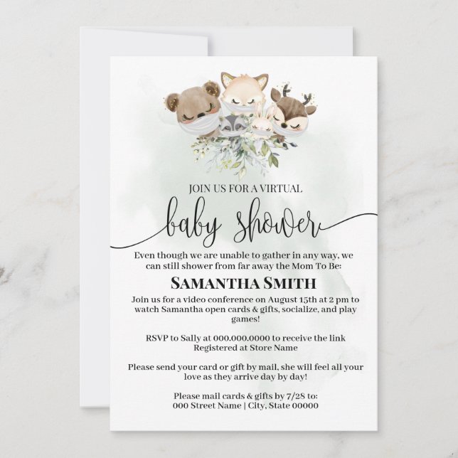 Invitation Baby shower virtuel animal forestier Animaux boisé (Devant)