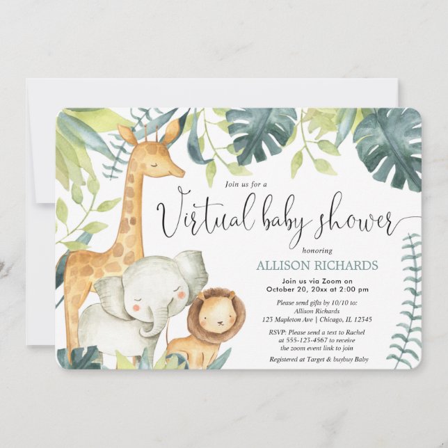 Invitation Baby shower virtuel animaux de la jungle de safari (Devant)