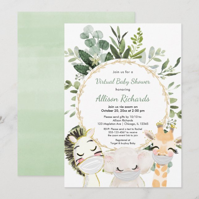 Invitation baby shower virtuel animaux mignons verdure or (Devant / Derrière)