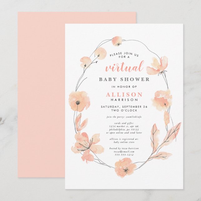 Invitation Baby shower virtuel | Aquarelle florale de corail (Devant / Derrière)