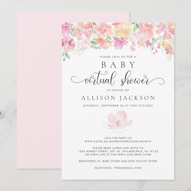 Invitation Baby shower virtuel | Aquarelle rose or (Devant / Derrière)