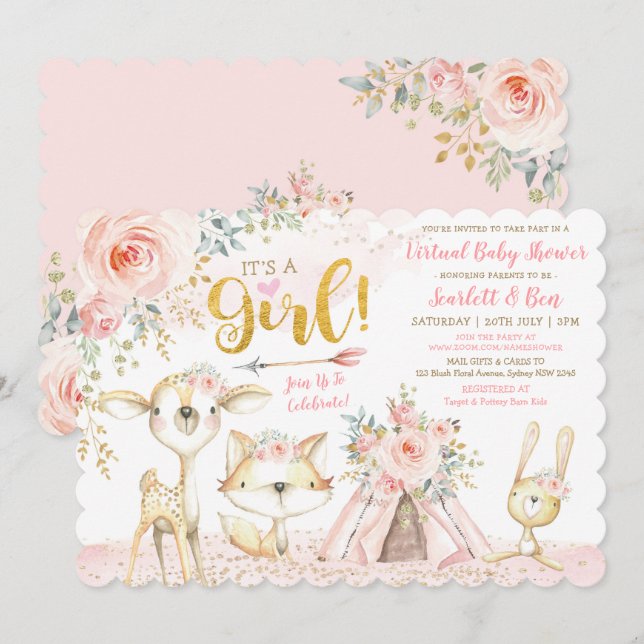Invitation Baby shower virtuel Blush Boho Floral Woodland (Devant / Derrière)