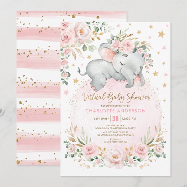 Invitation Baby shower virtuel Blush Gold Floral Elephant (Devant / Derrière)