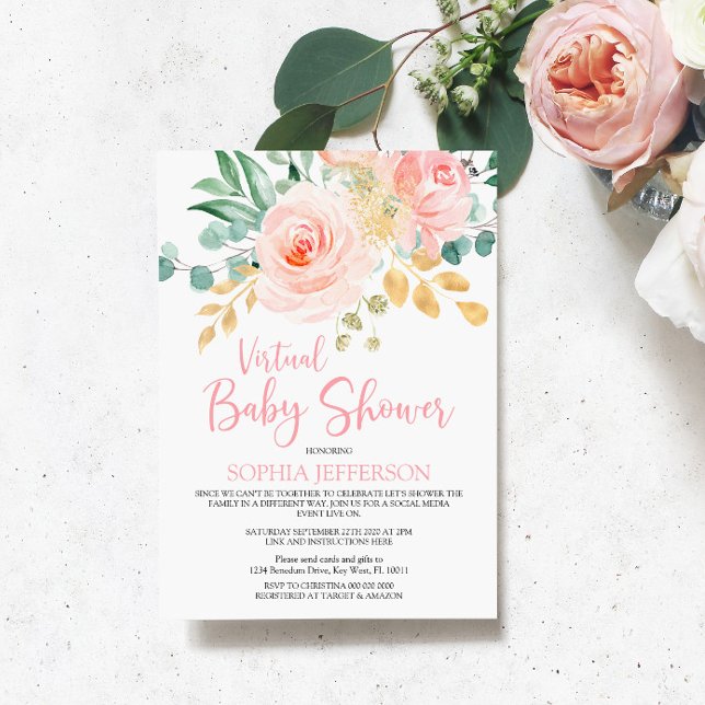 Invitation Baby shower virtuel Boho Blush Rose Floral (Créateur téléchargé)