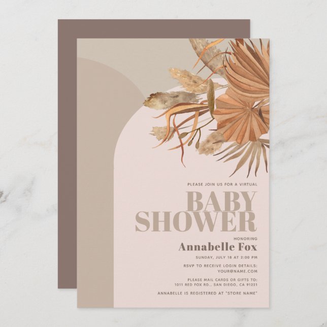Invitation Baby shower virtuel Boho Pampas Grass Rose (Devant / Derrière)