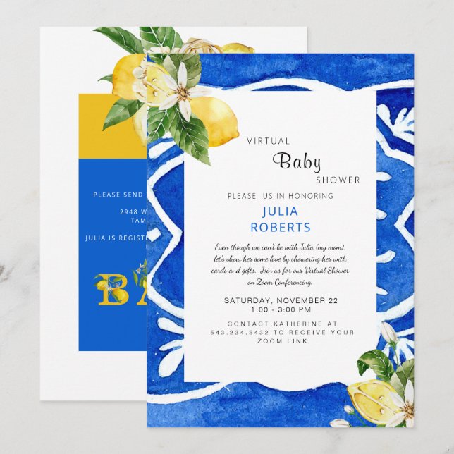Invitation Baby shower virtuel Citrons bleus méditerranéens (Devant / Derrière)