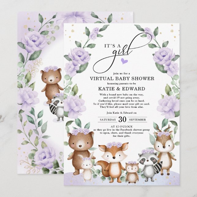 Invitation Baby shower virtuel de bois Animaux floraux pourpr (Devant / Derrière)