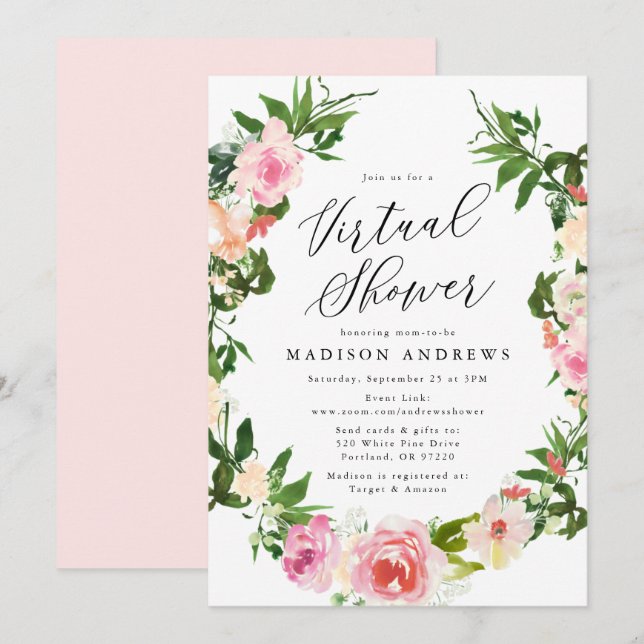 Invitation Baby shower virtuel de courroie florale rose soupl (Devant / Derrière)