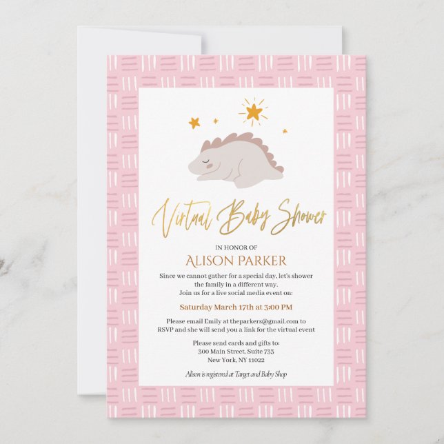 Invitation Baby shower virtuel de dinosaures roses (Devant)