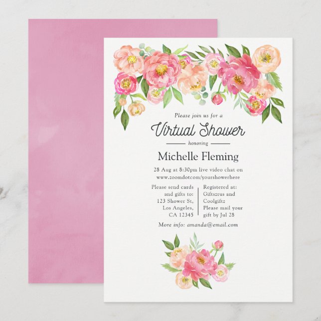 Invitation Baby shower virtuel de fille florale rose printemp (Devant / Derrière)