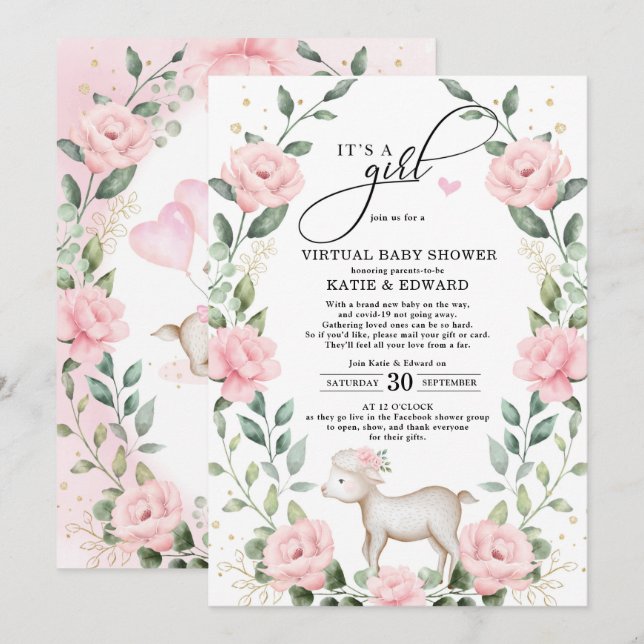 Invitation Baby shower virtuel de l'agneau à couronne de fleu (Devant / Derrière)