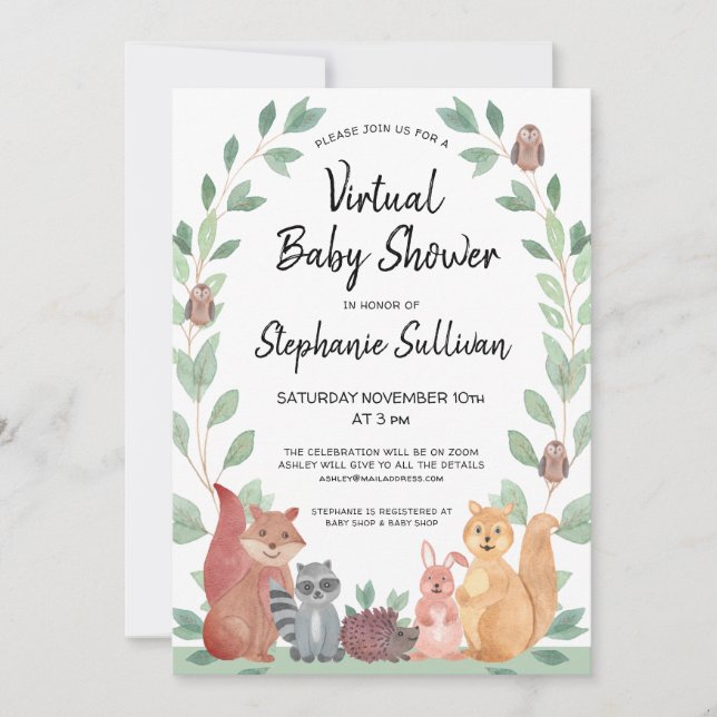 Invitation Baby shower virtuel des animaux des bois (Devant)
