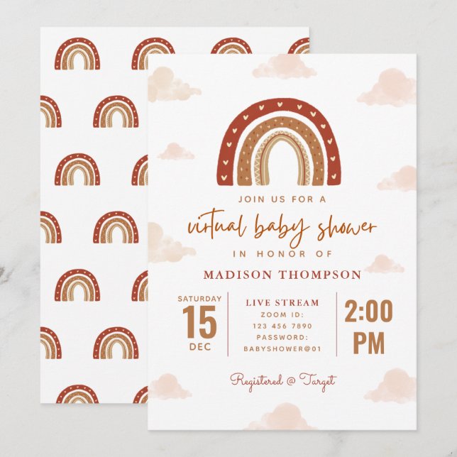 Invitation Baby shower virtuel des nuages arc-en-ciel en terr (Devant / Derrière)