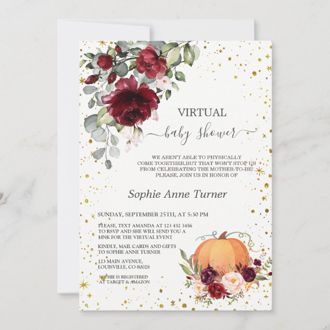 Invitation Baby shower virtuel du Citrouille d'or Floral de B (Devant)