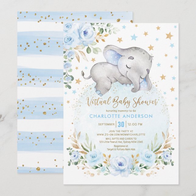 Invitation Baby shower virtuel Eléphant Floral bleu doux (Devant / Derrière)
