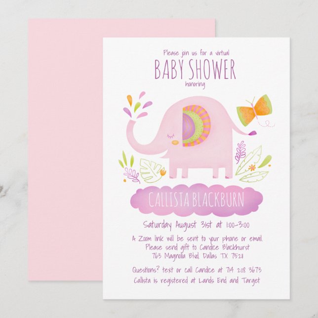 Invitation Baby shower virtuel Eléphant mignon fille rose (Devant / Derrière)