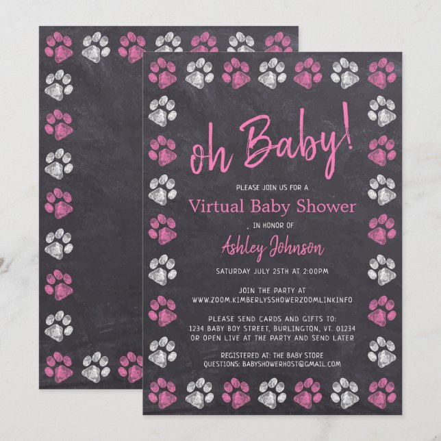 Invitation Baby shower virtuel Empreinte de patte Chalkboard  (Devant / Derrière)