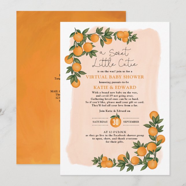 Invitation Baby shower Virtuel Été Orange Citrus frais (Devant / Derrière)