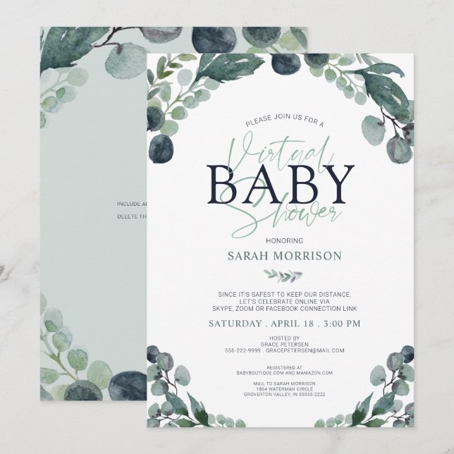 Invitation Baby shower virtuel Eucalyptus Sage Blue (Devant / Derrière)