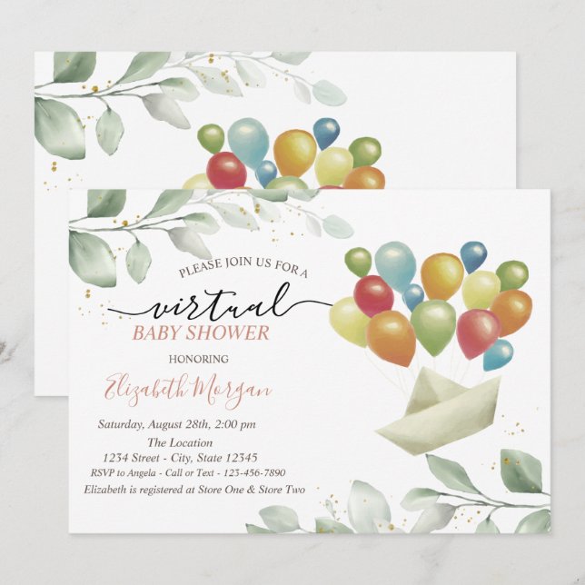 Invitation Baby shower virtuel Feuilles du courrier des ballo (Devant / Derrière)