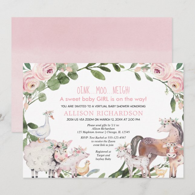 Invitation Baby shower virtuel Fille d'animaux de la ferme Ba (Devant / Derrière)
