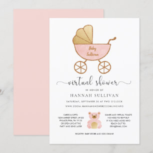 Invitation Baby shower virtuel fille Retro Carriage rose or