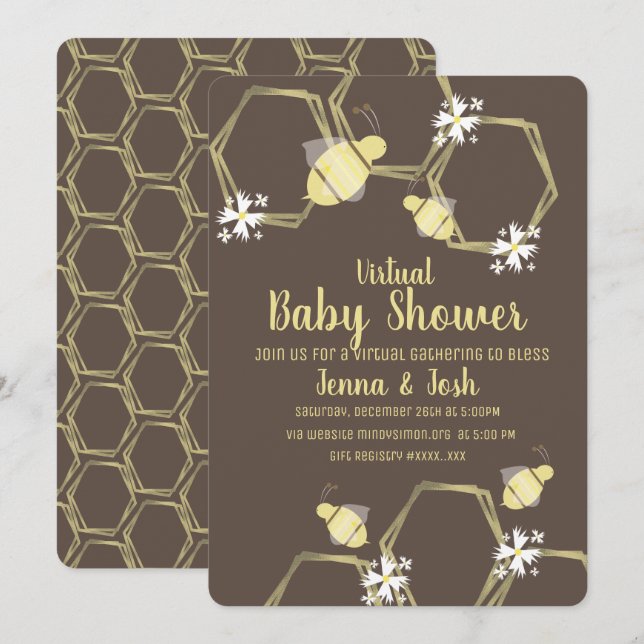 Invitation Baby shower virtuel floral abeille et marguerite (Devant / Derrière)