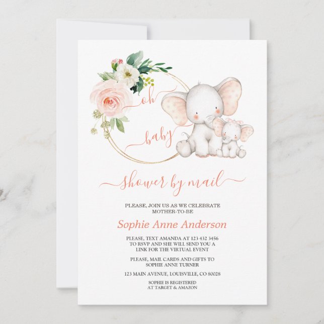 Invitation Baby shower Virtuel Floral Eléphant Cute Par Courr (Devant)