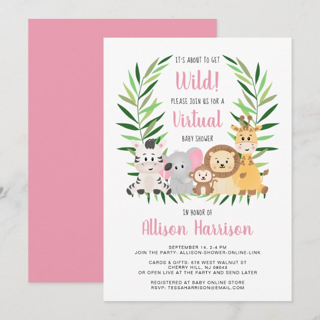 Invitation Baby shower virtuel Girl Safari Animals (Devant / Derrière)