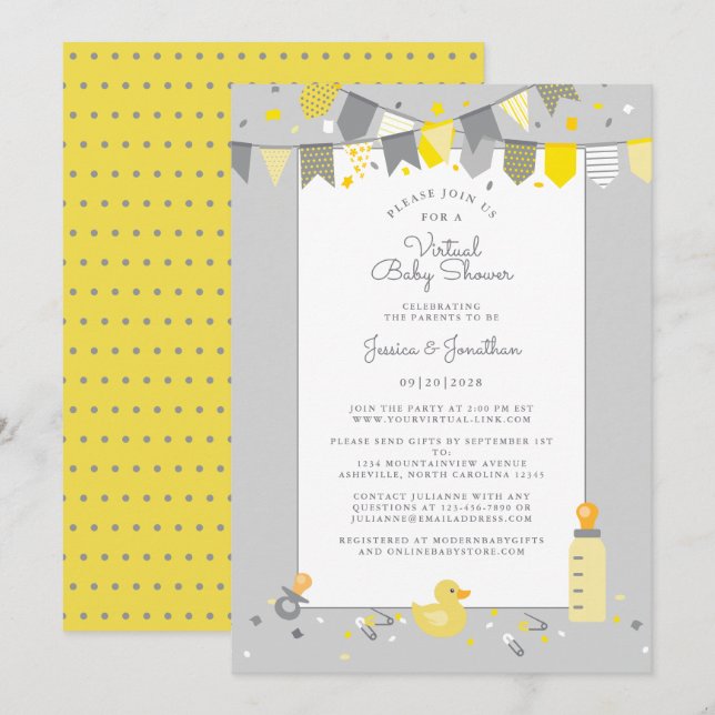 Invitation Baby shower virtuel gris jaune mou Bannière modern (Devant / Derrière)