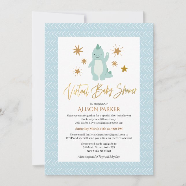 Invitation Baby shower virtuel Hello Cute Blue Dinosaur (Devant)