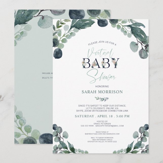 Invitation Baby shower virtuel Marine Blue Sage Green (Devant / Derrière)